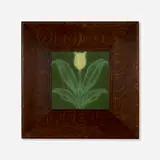 Tile with yellow tulip by George P. Kendrick for Grueby Faience Company, 1901, glazed earthenware decorated in cuenca, sold Dec 2024