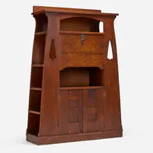 Limbert, Rare and Early drop-front desk with cut-outs, model 712, c. 1906, oak, patinated iron