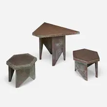 Frank Lloyd Wright, Table and two stools from the Price Tower, Bartlesville, Oklahoma, c. 1956, patinated copper over plywood