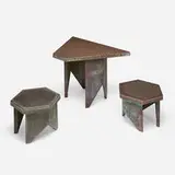 Frank Lloyd Wright, Table and two stools from the Price Tower, Bartlesville, Oklahoma, c. 1956, patinated copper over plywood