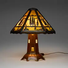 Limbert, Rare Windmill variation scenic table lamp, c. 1902, handwrought copper, textured glass