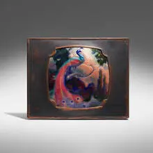 attribution Frank J. Marshall, Lidded box with peacock and landscape, c. 1910, patinated copper, enamel