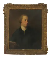 Allan Ramsay, Untitled, in a blue coat and waistcoat and holding a manuscript oil on canvas 69 x 56cm
