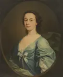 Andrea Soldi, Untitled, in a blue dress with pale blue ribbons and a green cloak oil on canvas
