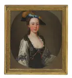 Philippe Mercier, Untitled, in a black and white bejewelled dress and blue feathered hat oil on canvas