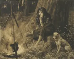 Untitled by Herbert Dicksee, both gazing at flames under a cooking pot original etching on vellum, sold Dec 2020