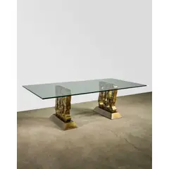 Rare 'Abstract #1' Dining Table by Philip and Kelvin Laverne, hand-brazed patinated bronze, glass, engraved facsimile signature 'Philip Kelvin Laverne', original gallery label on bot, sold Mar 2026