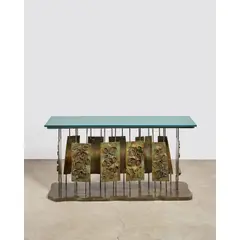 Philip and Kelvin Laverne, Rare Large 'Dance of Fauves' Console Table, hand-brazed in patinated bronze, wood, hand-painted enamels, glass, engraved 'Philip Kelvin LaVerne 60'