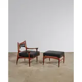 Phillip Lloyd Powell, Rare Chair and Ottoman, sculpted walnut, webbing, black leather re-upholstery by Lobel Modern