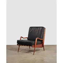 Phillip Lloyd Powell, Rare 'New Hope' Chair, sculpted walnut, webbing, black leather re-upholstery by Lobel Modern