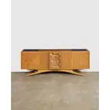 Vladimir Kagan, Custom Order Credenza, for Kagan Dreyfuss, relief-carved walnut, granite, fitted illuminated LED interior, stamped 'KAGAN