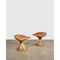Michael Coffey, Rare Pair of 'Belle of the Ball' Stools, hand-carved walnut, engraved 'M
