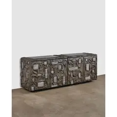 Paul Evans, 'Sculpted' Cabinet, for the Paul Evans Studio, bronzed resin, enameled steel, cleft slate, incised mark 'PE 70'