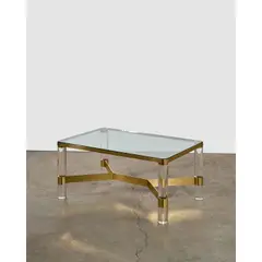 Karl Springer, 'Round Leg Lucite' Coffee table, , glass, polished brass, Lucite, engraved 'Karl Springer'