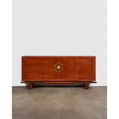 Maison Dominique, Four-Door Credenza, inlaid mahogany, brass, gilt-bronze escutcheon