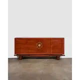 Maison Dominique, Four-Door Credenza, inlaid mahogany, brass, gilt-bronze escutcheon