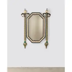 J. Anthony Redmile, Monumental Wall Mirror, bone, aluminum, nickel-plated and cold-painted steel, malachite cabuchons, mirror plate, ebonized and painted wood