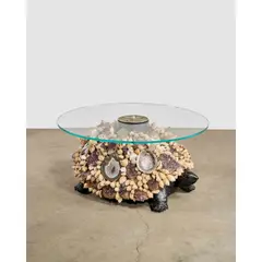 J. Anthony Redmile, Rare 'Tortoise' Coffee Table, hand-carved wood bejeweled with seashells, polished agate, amethyst, coral, quartz crystals, silver-plated top bejeweled with stones