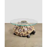 J. Anthony Redmile, Rare 'Tortoise' Coffee Table, hand-carved wood bejeweled with seashells, polished agate, amethyst, coral, quartz crystals, silver-plated top bejeweled with stones