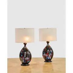 Pair of Table Lamps by Marcello Fantoni, glazed ceramic, fabric shades, glaze mark 'Fantoni', sold Mar 2026