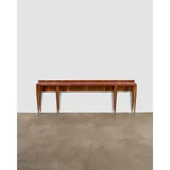Large Console Table by Gio Ponti, for Giordano Chiesa, cherrywood veneer, glass, red variegated marble, silvered bronze sabots, sold Mar 2026