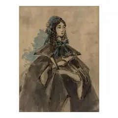 Constantine Guys, Jeune femme au bonnet bleu, watercolor and pen and ink on paper