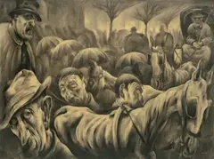 Albert Birkle, Nächtliche Straße“ („Nächtliche Straße im Regen“), 1921, Kohle auf Papier, vom Künstler an den Blatträndern mit Papierstreifen verstärkt