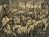 Albert Birkle, Nächtliche Straße“ („Nächtliche Straße im Regen“), 1921, Kohle auf Papier, vom Künstler an den Blatträndern mit Papierstreifen verstärkt