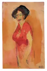 Emil Nolde, Schauspielerin, Um 1911, Aquarell, Tuschpinsel und Bleistift auf Papier (Rückseite eines Telegraphie-Formulars des Deutschen Reichs)