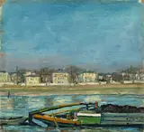 Otto Dix, Blick auf die Elbvillen des Käthe-Kollwitz-Ufers in Dresden-Blasewitz mit Elbauen und Kahn im Vordergrund
