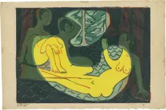 Ernst Ludwig Kirchner, Drei Akte im Walde, 1933, Farbholzschnitt auf Japanbütten