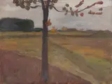 Paula Modersohn-Becker, Baumstamm vor Herbstlandschaft. Verso: Landschaftsstudie mit Moorkanal, Um 1900, Öl auf Pappe