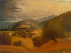 Otto Dix, Kornfelder und Bäume bei Iznang, 1938, Öl auf Holz