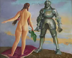 Richard Müller, Mädchenakt mit Ritter in Rüstung, 1925, Öl auf Leinwand