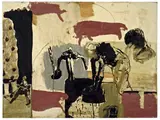 Neo Rauch, Strafe, 1993, Öl, Schellack, Kreide und Goldbronze auf Bütten