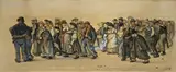 Heinrich Zille, Spandauer Arbeiterzug, 1906, Aquarell, Farbkreiden, Deckweiß und Kohle auf festem Papier