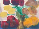 Emil Nolde, Stillleben mit Tulpen und Früchten. (Vor) 1925, Aquarell auf Japan