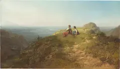 Auf der Alm (Zwei auf einer Felsnase sitzende Mädchen, links in der Talschlucht die Almhütte) by Carl Spitzweg, Um 1860, Öl auf Holz, sold Jun 2023