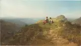 Carl Spitzweg, Auf der Alm (Zwei auf einer Felsnase sitzende Mädchen, links in der Talschlucht die Almhütte), Um 1860, Öl auf Holz
