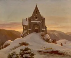 Ernst Ferdinand Oehme, Bergkapelle im Winter, Um 1850, Öl auf Leinwand auf Pappe
