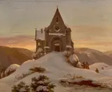 Ernst Ferdinand Oehme, Bergkapelle im Winter, Um 1850, Öl auf Leinwand auf Pappe