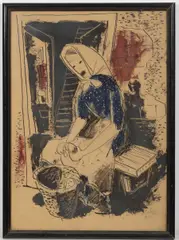 Jan Sládek, Peeling Potatoes, 1934, ink, watercolour, cardboard