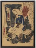 Jan Sládek, Peeling Potatoes, 1934, ink, watercolour, cardboard