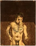 James Gill, Untitled (Man with Tattoos), c. 1968, Monoprint laid down to board with hand-made additions in ballpoint pen
