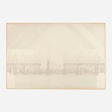 Will Insley, One City: Room Section, Red Sun with Afore Section Fireline, 1981, ink on ragboard