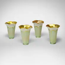 Pulled-feather shades, set of four by Quezal, c. 1910, hand-blown and iridized glass, sold Oct 2024