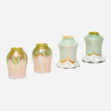 Collection of four pulled-feather shades by Quezal, c. 1910, hand-blown glass, sold Oct 2024