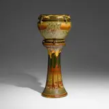 Jardinière and pedestal by Harry Rhead for Roseville Pottery, 1906-07, glazed earthenware with squeeze-bag decoration, sold Oct 2024