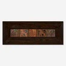 Ernest A. Batchelder, Framed collection of five lion tiles, c. 1920, glazed earthenware