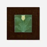 Tile with yellow tulip by George P. Kendrick for Grueby Faience Company, 1901, glazed earthenware decorated in cuenca, sold Oct 2024